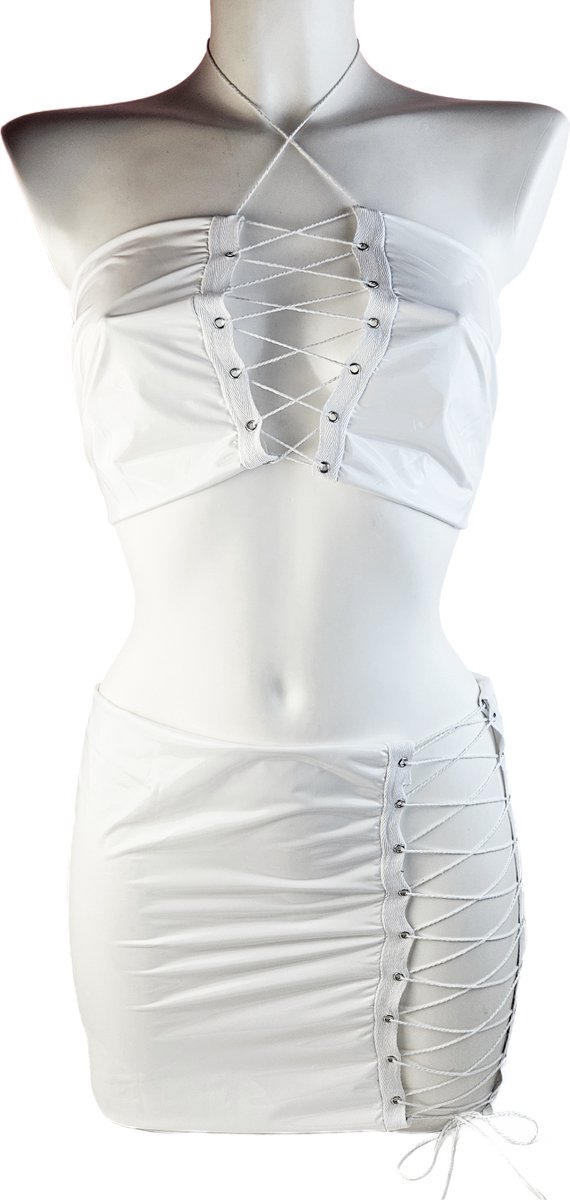 BamBella® Rok en top- Rood Sexy Set van Datex (Mix latex en stof ) Erotische dames kleding set kostuum Rok Lak glans shiny paal dans pak sexy kleding dames