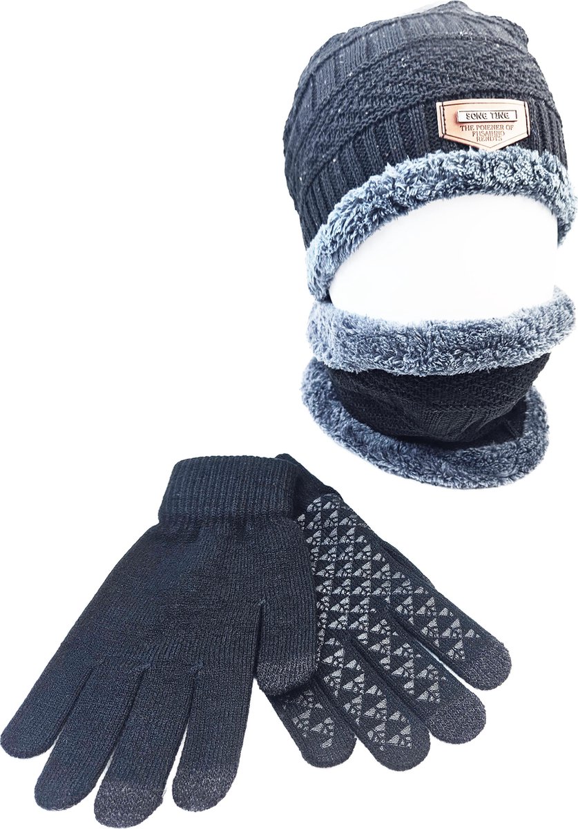 BamBella® Handschoenen muts sjaal winter Heren imitatie leer warme borg fleece binnenkant