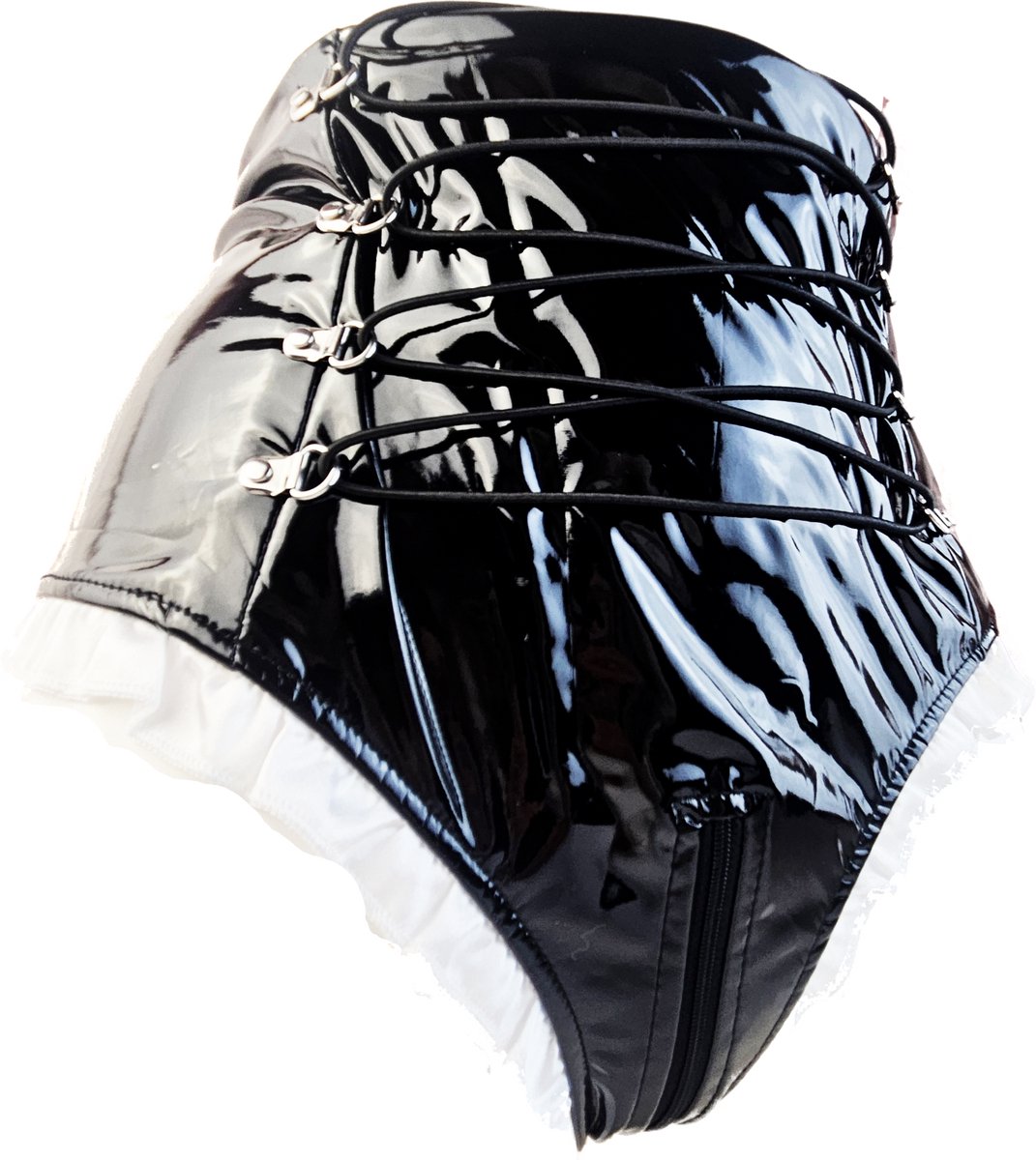 BamBella® Slip Onderbroek -  Erotische Sexy BDSM Lingerie Dames - Zwart rits ondergoed Datex mix latex en stof wetlook open kruis