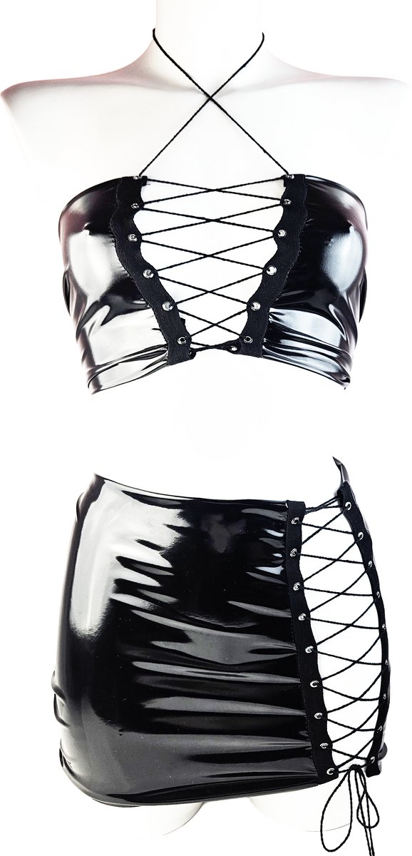 BamBella® Rok en top- Zwart  Sexy Set van Datex (Mix latex en stof ) Erotische dames kleding set kostuum Rok Lak glans shiny paal dans pak sexy kleding dames