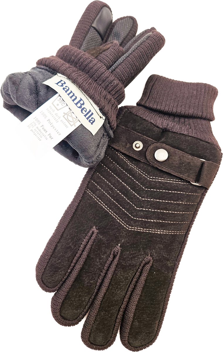 BamBella® Dikke kwaliteit thermo hanschoenen bruin warme binnenkant touchscreen vinger top