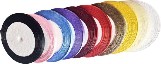 BamBella® - Satijn lint - 220 meter -10 kleuren - zwart wit rood groen geel Licht roze - 12 mm