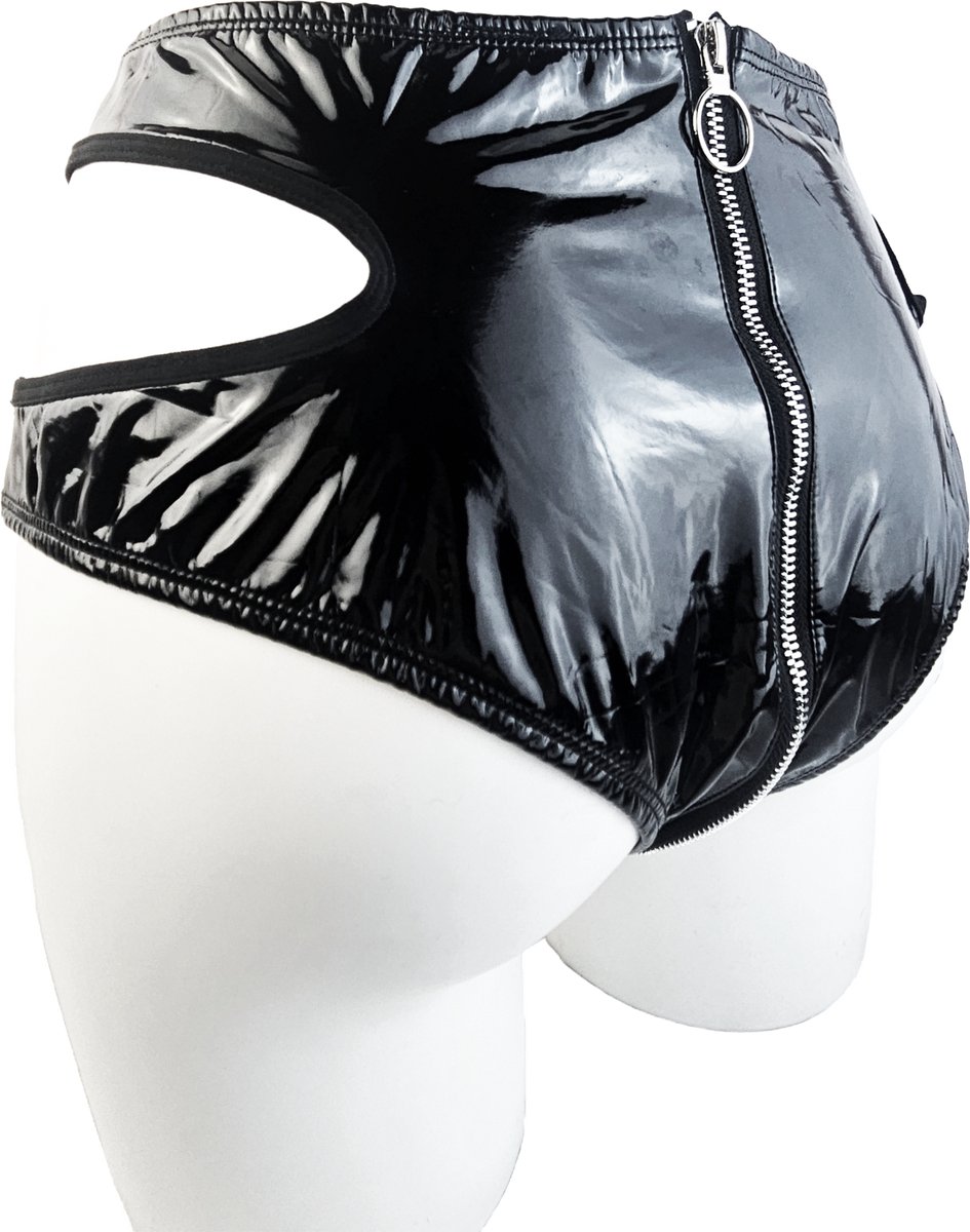 BamBella® Slip Onderbroek   Erotische Sexy SM BDSM Lingerie Danes - Zwart ondergoed Datex mix latex en stof wetlook met rits open kruis