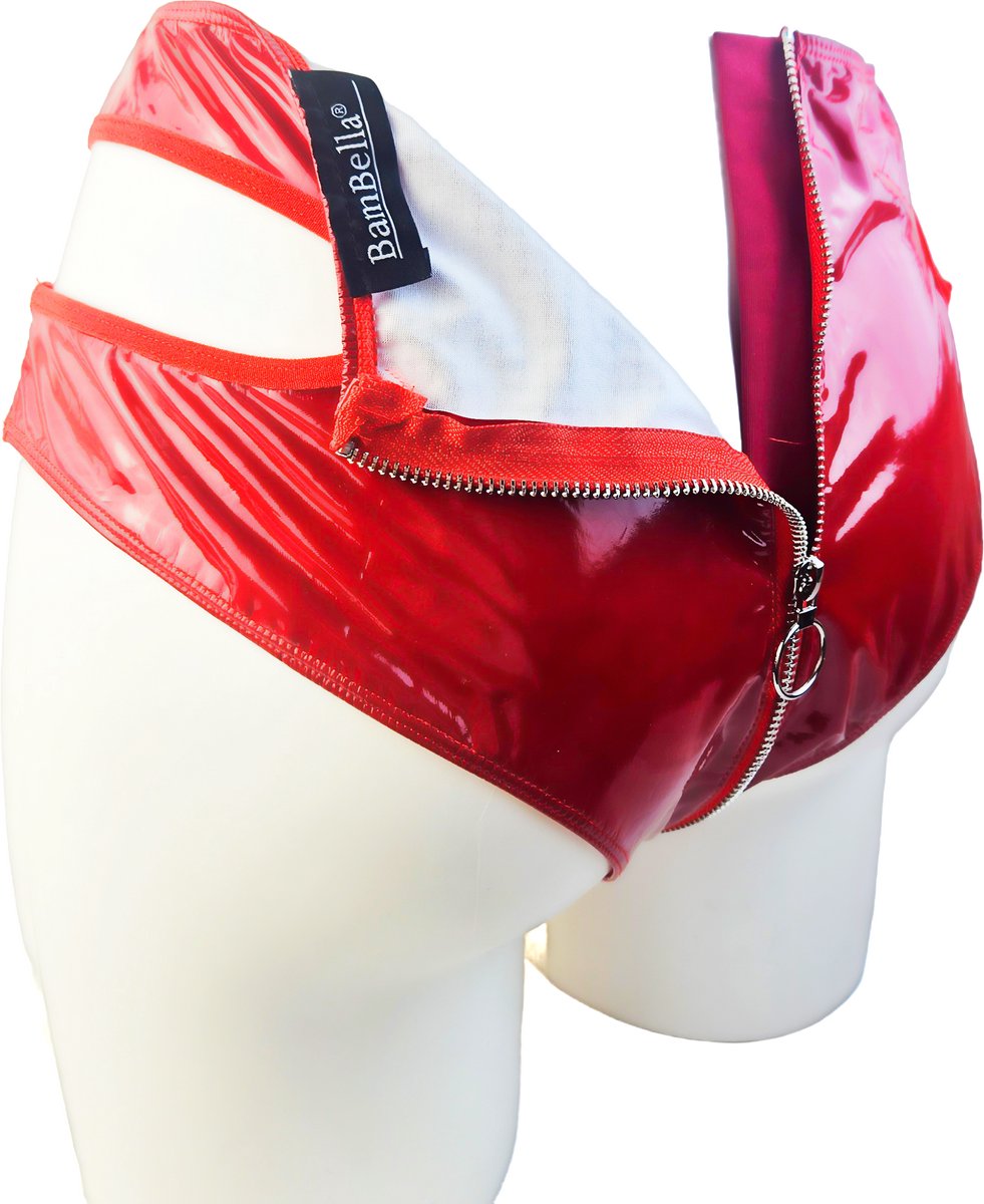 BamBella® Erotische onderbroek -  Wetlook slip Dames - Rood Datex mix latex en stof ondergoed Sexy BDSM kleding