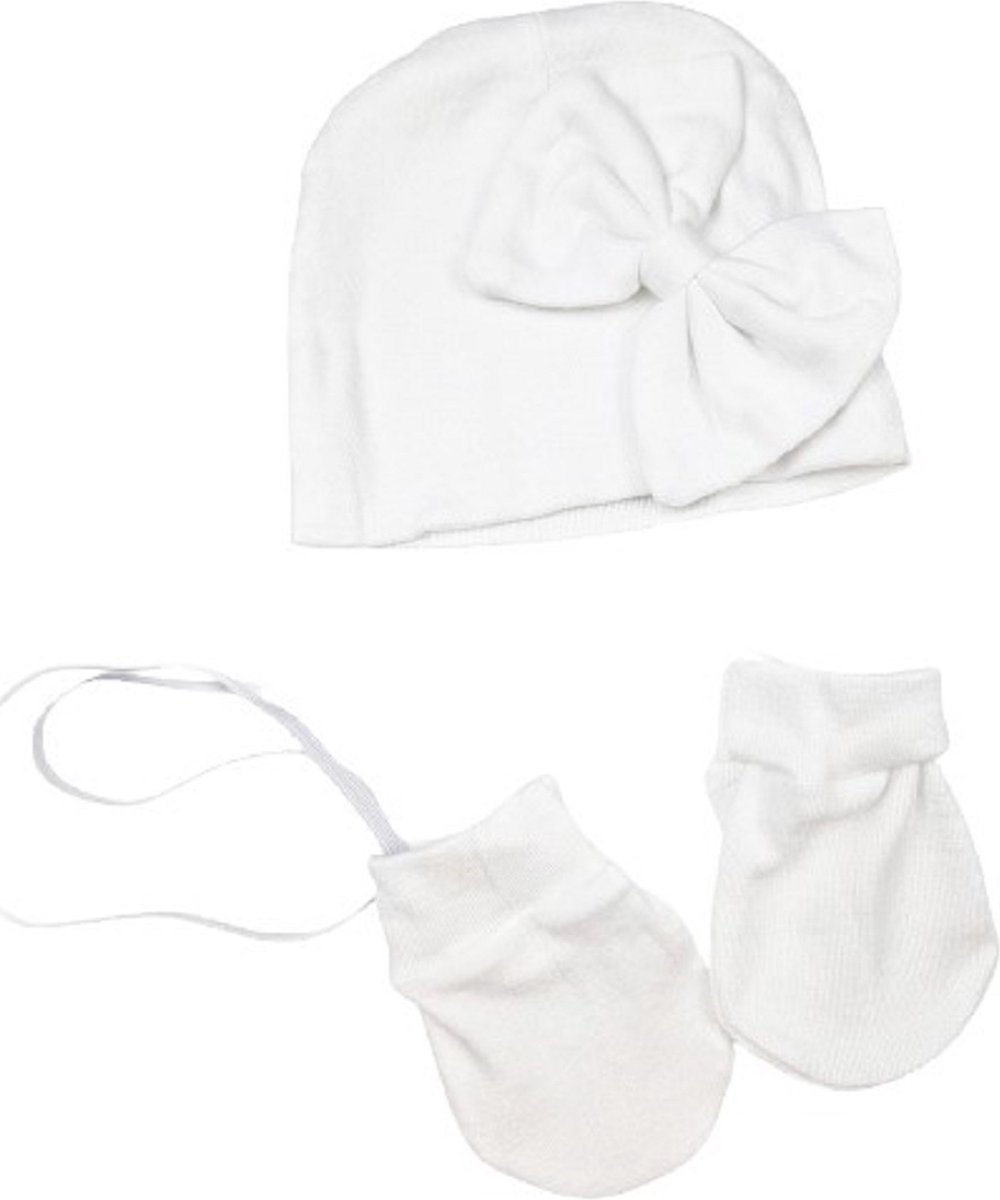 BamBella® Baby muts - 0 - 3 maanden pasgeboren winter mutsje met wanten handschoenen anti krab met strik Wit
