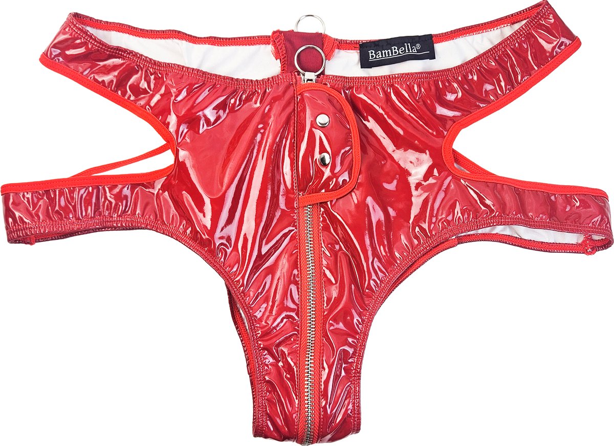 BamBella® Erotische onderbroek -  Wetlook slip Dames - Rood Datex mix latex en stof ondergoed Sexy BDSM kleding
