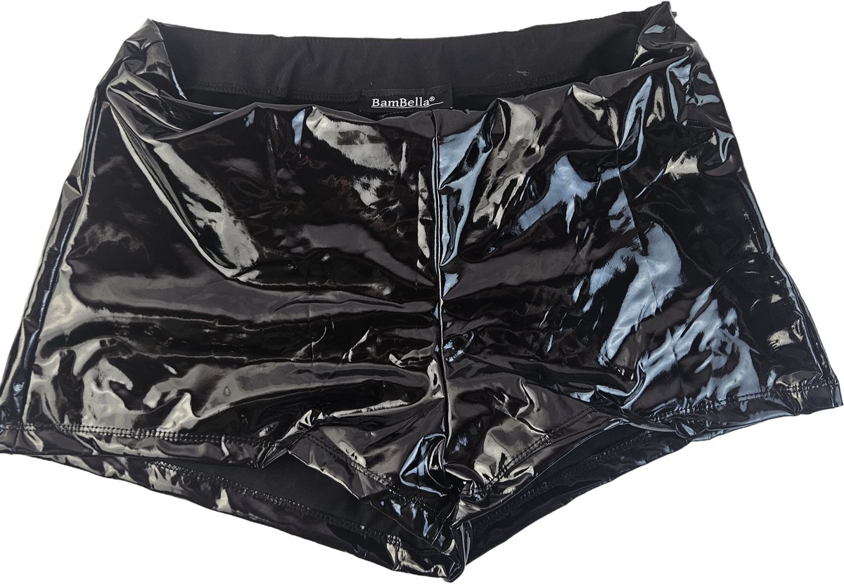 BamBella® - Short -  Zwart dames sexy Glans kleding mix van Latex en stof Datex Wetlook met sluiting Korte broek shorts