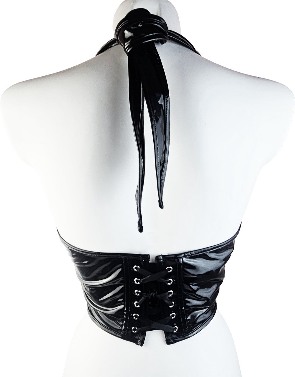 BamBella® - Body Korset Top -   Zwart dames sexy Glans kleding mix van Latex en stof Datex Wetlook vetersluiting