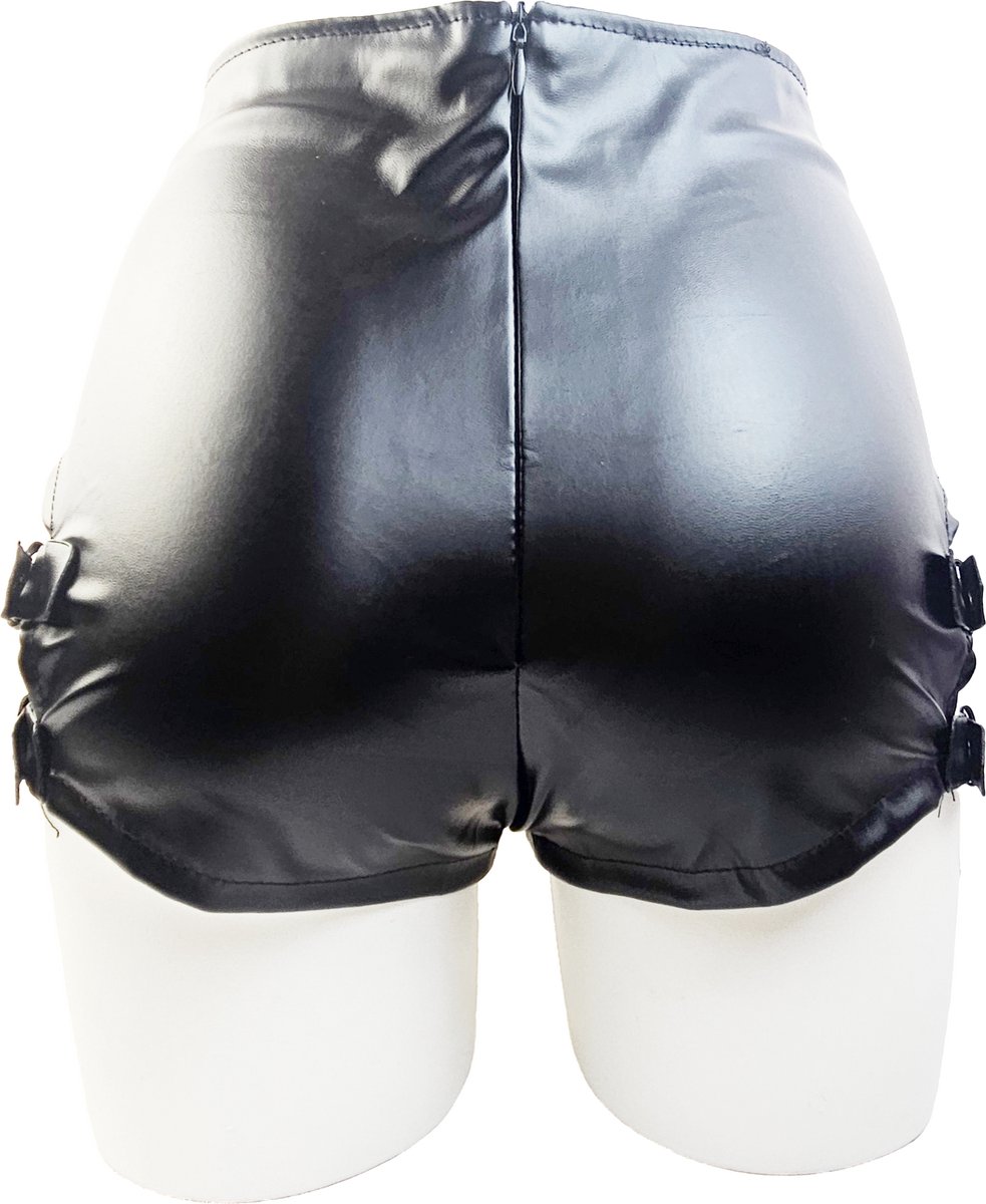 BamBella® Nep leer Shorts   Wetlook korte broek Dames - Zwart met Riemen