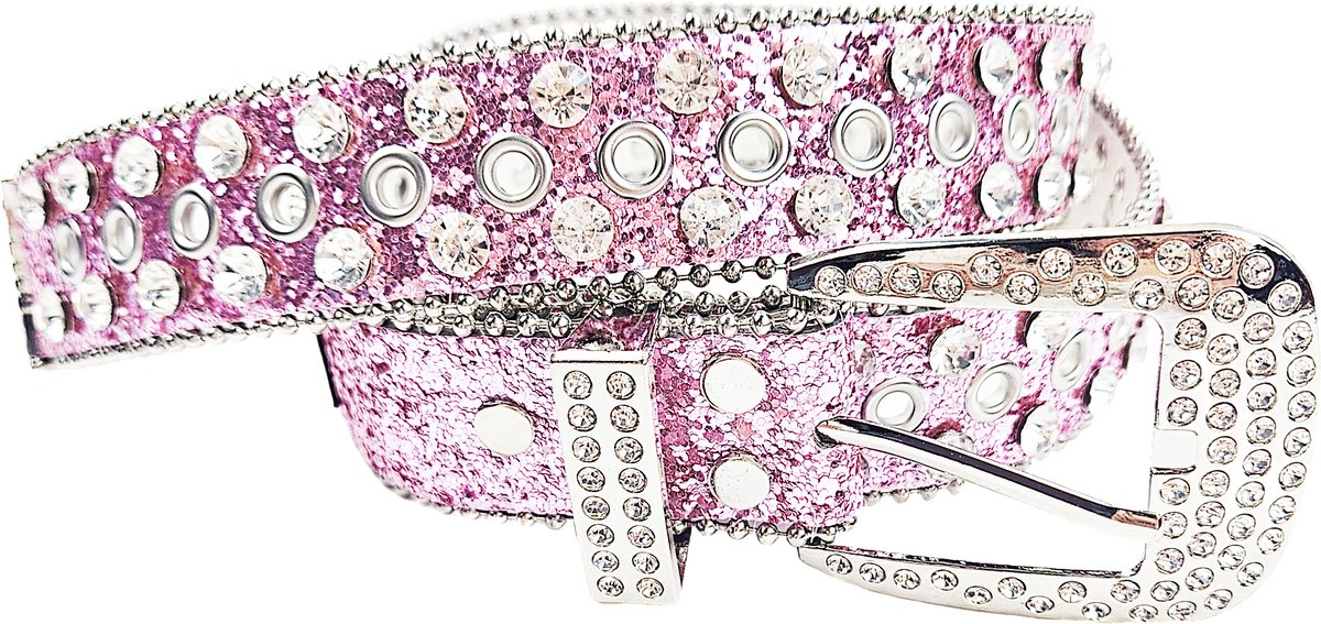 BamBella® - Riem Heup - 115cm maat S M L - verstelbare Belt Dames heupriem taille steentjes roze Skull goth broekriem