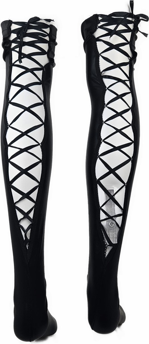 BamBella® - Hoge Kousen - Zwart - Onesize - Wetlook Sexy erotische Veter sKniekousen Super Shiny Fetish kleding