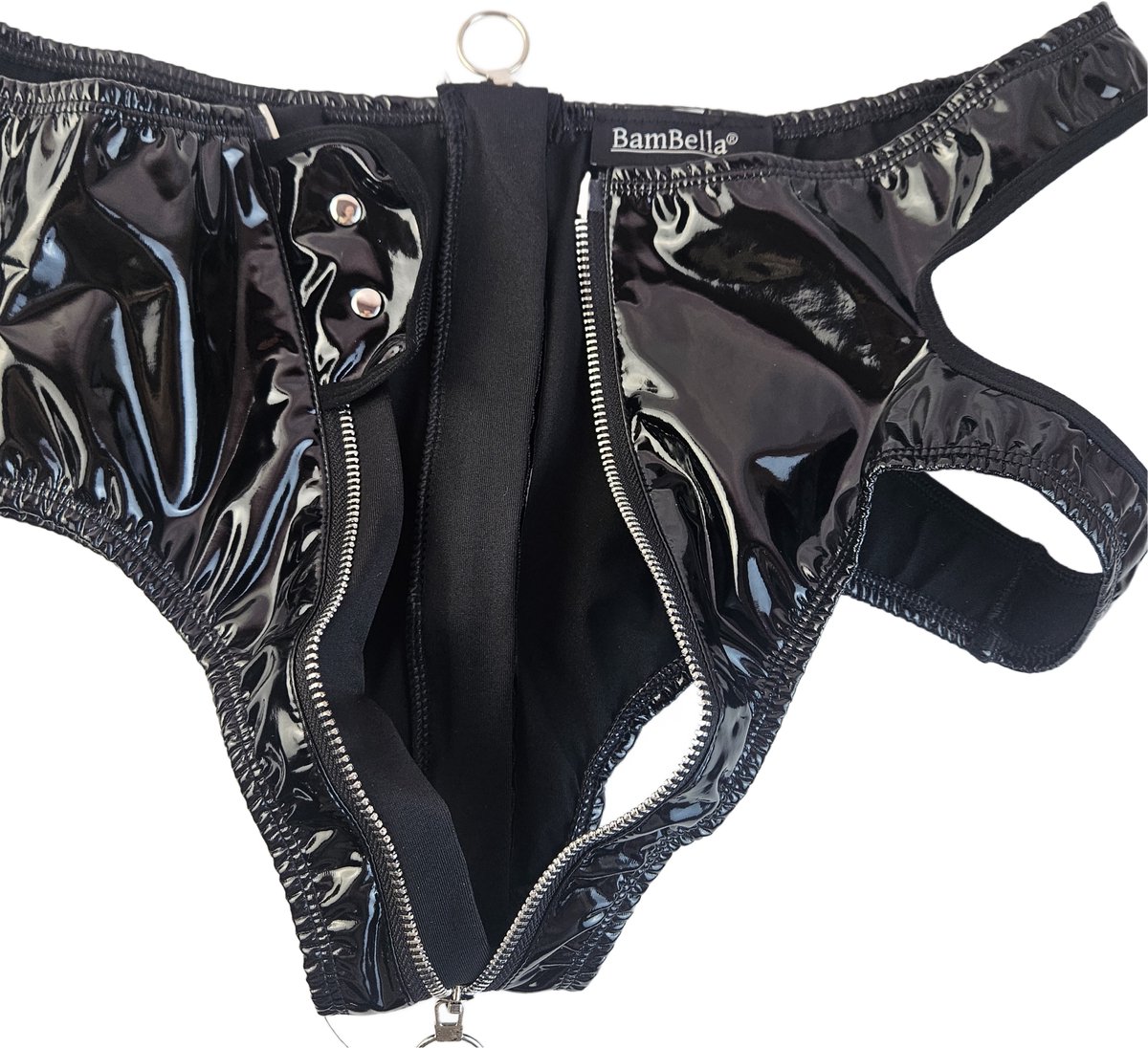 BamBella® Slip Onderbroek   Erotische Sexy SM BDSM Lingerie Danes - Zwart ondergoed Datex mix latex en stof wetlook met rits open kruis