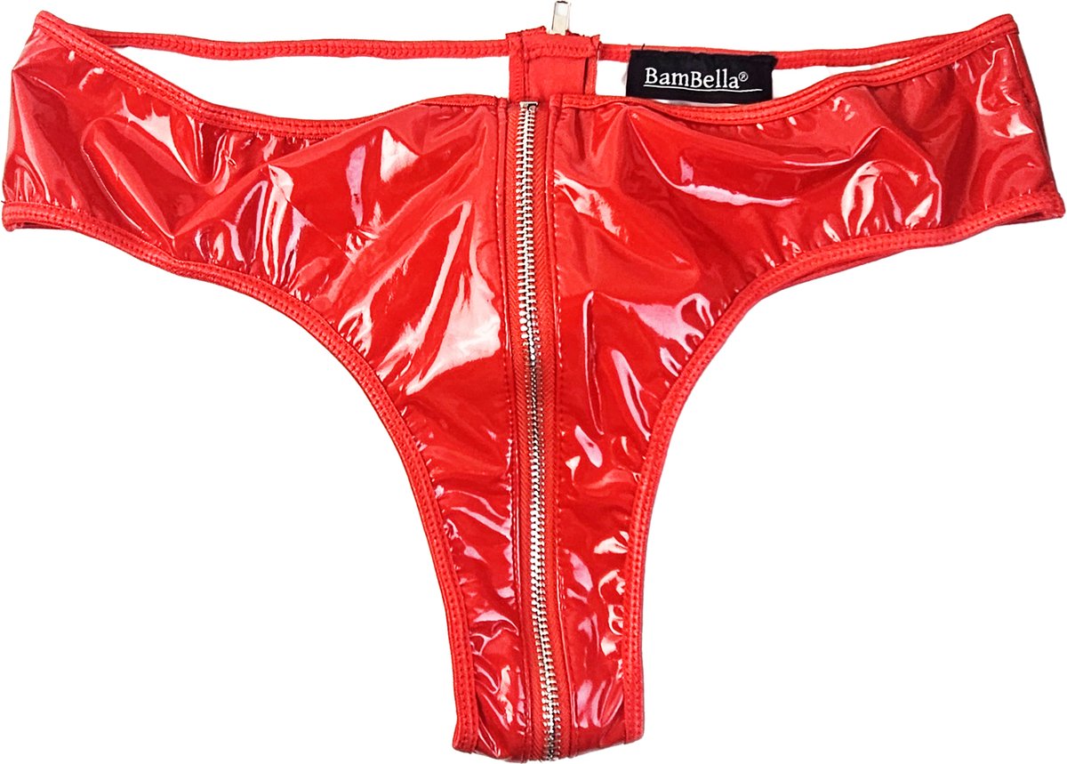 BamBella® Erotische onderbroek  - Wetlook slip Dames - Rood Datex mix latex en stof ondergoed Sexy BDSM kleding met rits open kruis