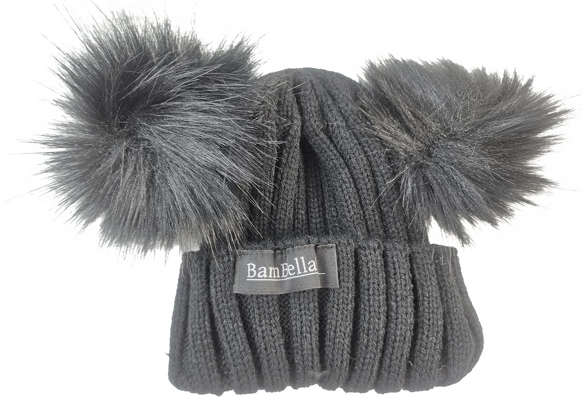 BamBella® Muts - zwart - winter voor kind meisje 0 tot 3 jaar met grote pom pom warme borg fleece binnenkant