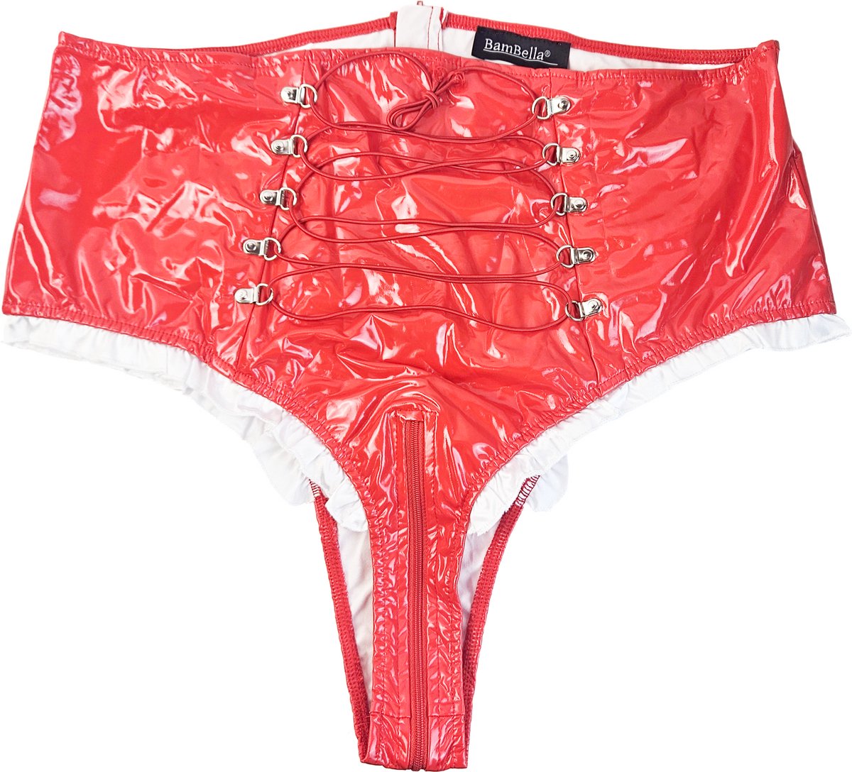 BamBella® Slip Onderbroek - M  Erotische Sexy BDSM Lingerie Dames - Rood rits ondergoed Datex mix latex en stof wetlook open kruis