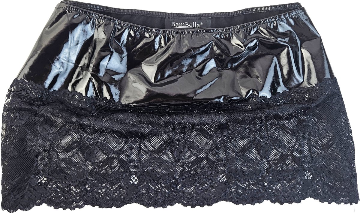 BamBella® - Datex mini Rok -   zwart met kant Rollenspel sm dames sexy Glans kleding mix van Latex en stof
