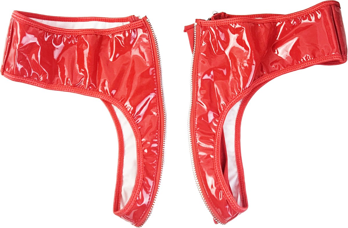 BamBella® Erotische onderbroek  - Wetlook slip Dames - Rood Datex mix latex en stof ondergoed Sexy BDSM kleding met rits open kruis