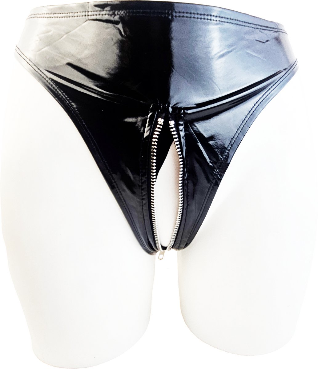 BamBella® Slip Onderbroek - Erotische Sexy SM BDSM Lingerie Danes - Zwart ondergoed Datex mix latex en stof wetlook