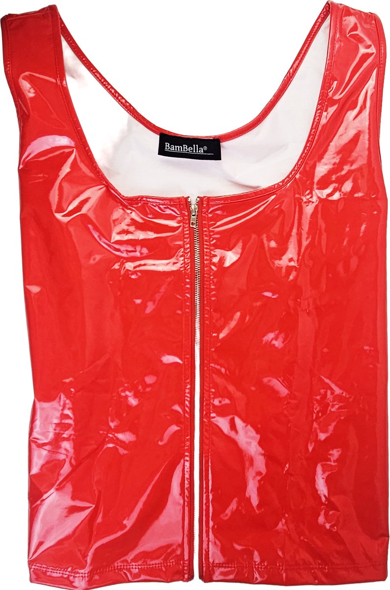 BamBella® Top - - Shirt met ritsZwart dames kleding sexy Glans kleding mix van Latex en stof Datex Wetlook Rood