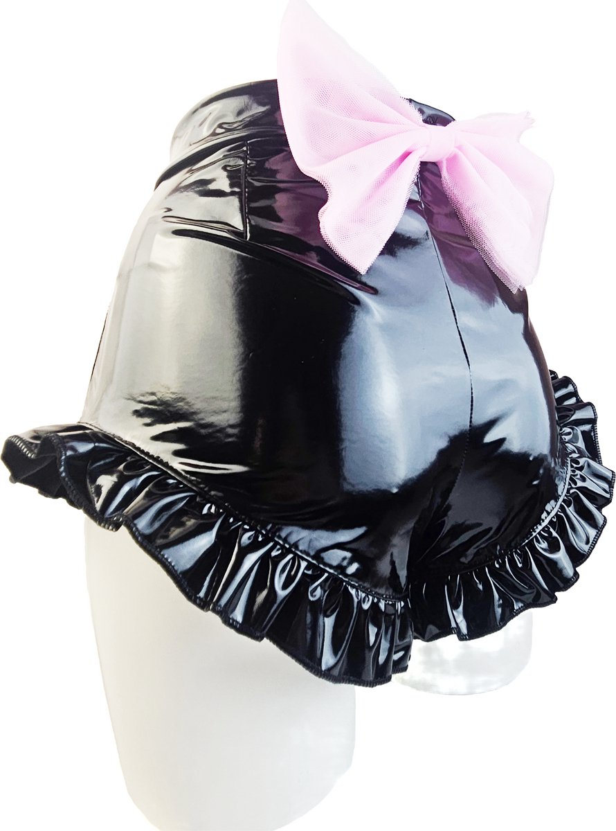 BamBella® Shorts -  Wetlook korte broek Dames - Zwart Datex mix latex en stof met franje