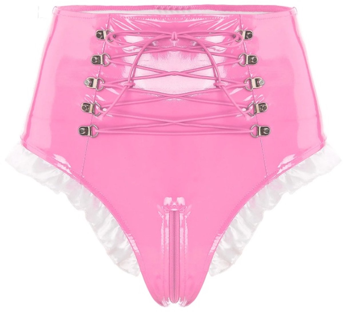 BamBella® Slip Onderbroek -   Erotische Sexy BDSM Lingerie Dames - Roze rits ondergoed Datex mix latex en stof wetlook open kruis
