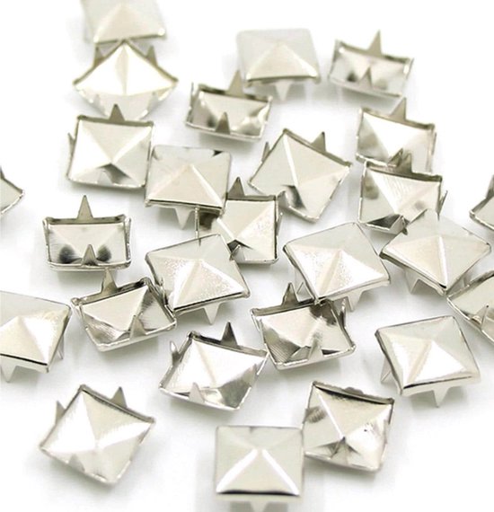BamBella® - grote Studs spikes - 100 stuks - vierkant buig systeem zelf gothic schoenen kleding maken zilver kleurig siernagel