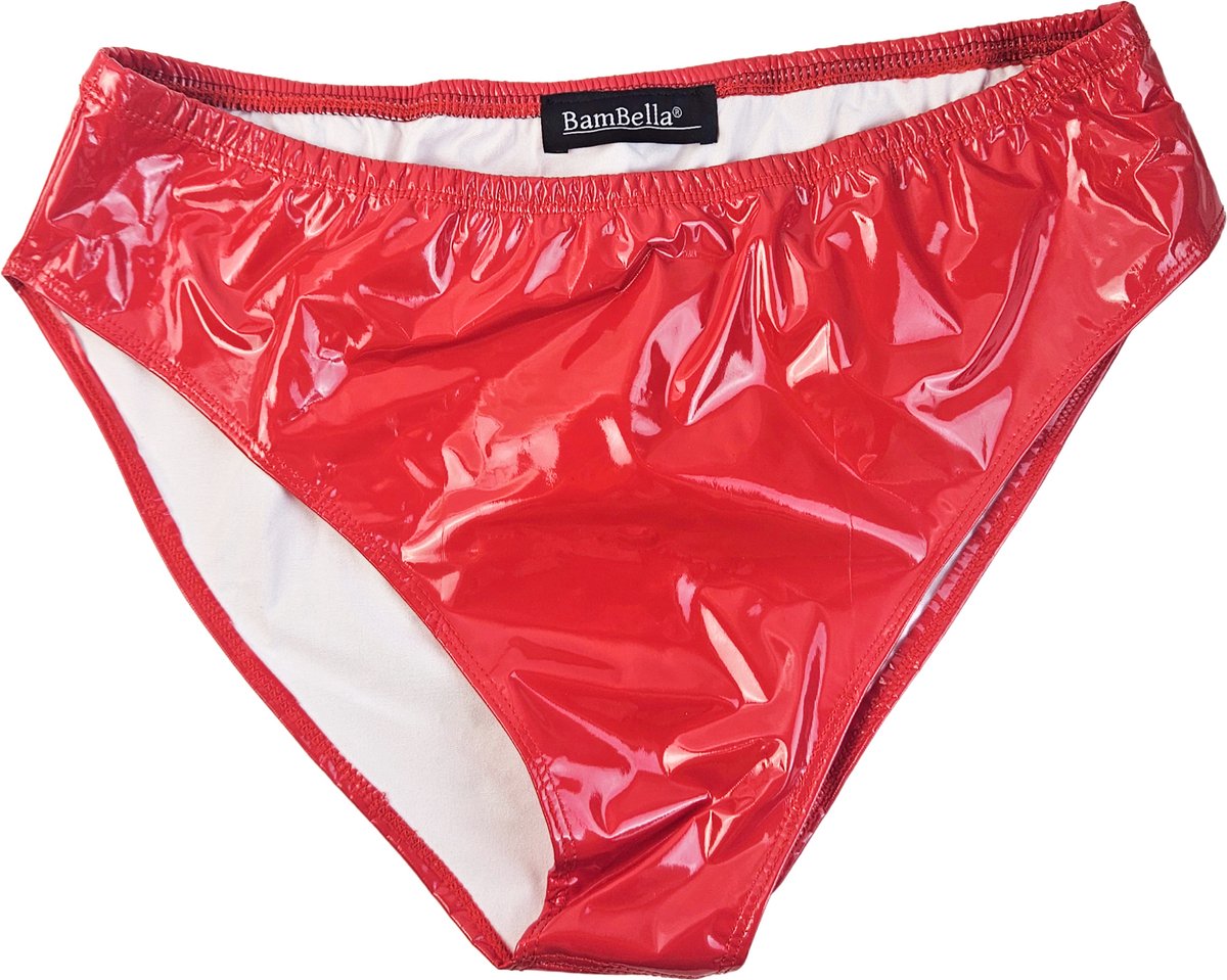 BamBella® Erotische onderbroek - Maat XS- Wetlook slip Dames - Rood Datex mix latex en stof ondergoed Sexy BDSM kleding