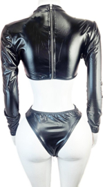 Jumpsuit - Maat S/M - Sexy bodysuit catsuit pak met openingen Wetlook Zwart