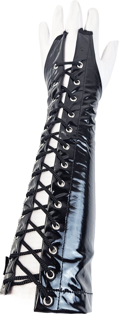 BamBella ® Handschoenen - Maat onesize - Datex (Mix latex en stof ) Sexy Zwart Glans lak vetersluiting