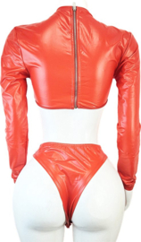 Jumpsuit - Maat S/M - Sexy bodysuit catsuit pak met openingen Wetlook Rood