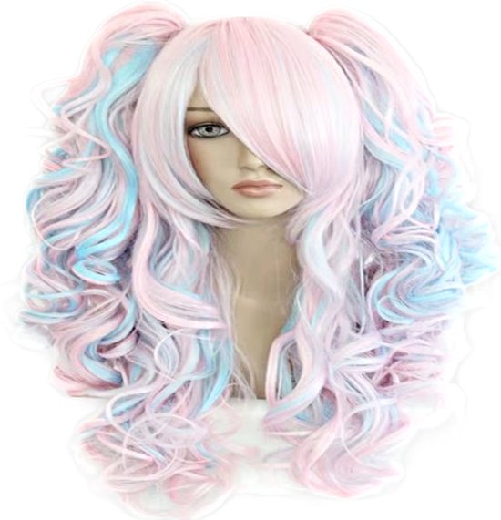 Pruik - Synthetisch - lang haar krullen - roze blauw - pony -dames cosplay staartjes verkleden als japanse anime meisje