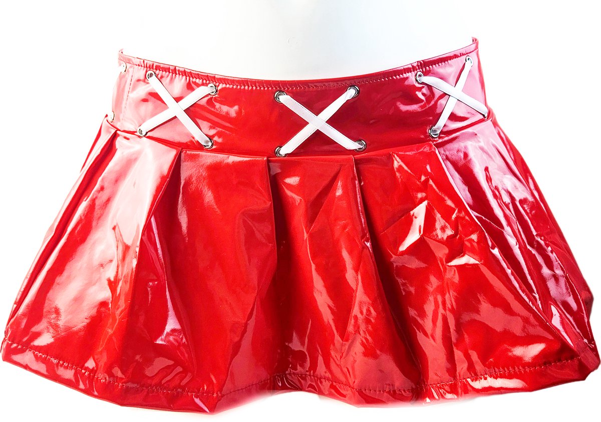 BamBella® - Datex mini Rok - Maat XL - Rood  met lint Rollenspel sm dames sexy Glans kleding mix van Latex en stof