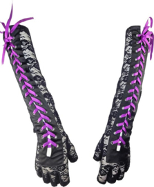 BamBella® - Handschoenen Zwart kant Kort Vingerloos kant feest gothic - dames - Paars lint