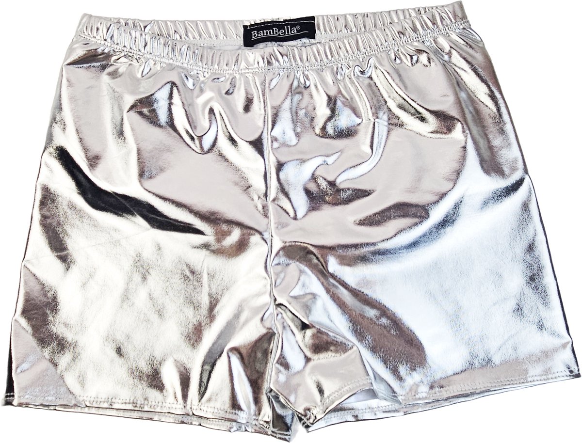 BamBella® Korte broek -  Wetlook Dames - zilver kleurig Glans Lame metallic Short gym broek