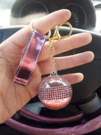 Sleutelhanger Tashanger Grote roze glitter diamant bol 12CM
