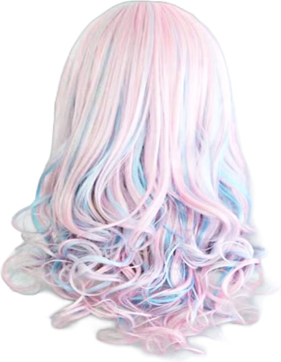 Pruik - Synthetisch - lang haar krullen - roze blauw - pony -dames cosplay staartjes verkleden als japanse anime meisje