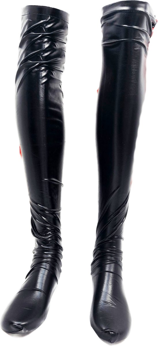BamBella® - Hoge Kousen - Zwart - Onesize - Wetlook Sexy erotische Veter sKniekousen Super Shiny Fetish kleding