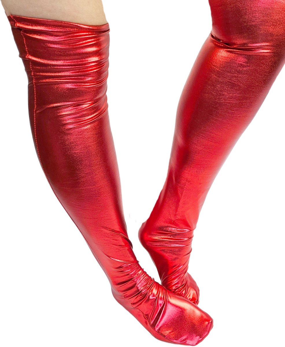 BamBella® - Hoge Kousen - Onesize - Rood Shiny Wetlook - Sexy Kniekousen van Super Glans Dames sokken
