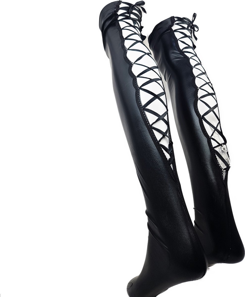 BamBella® - Hoge Kousen - Zwart - Onesize - Wetlook Sexy erotische Veter sKniekousen Super Shiny Fetish kleding