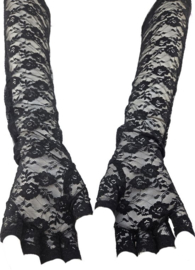 BamBella® - Handschoenen Zwart kant Kort Vingerloos kant feest gothic - dames - Paars lint