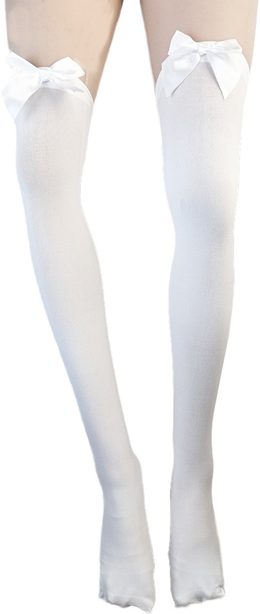 BamBella® - Stevige kousen - Sexy Hold Up kousen wit panty stof met strik - jarretelkousen