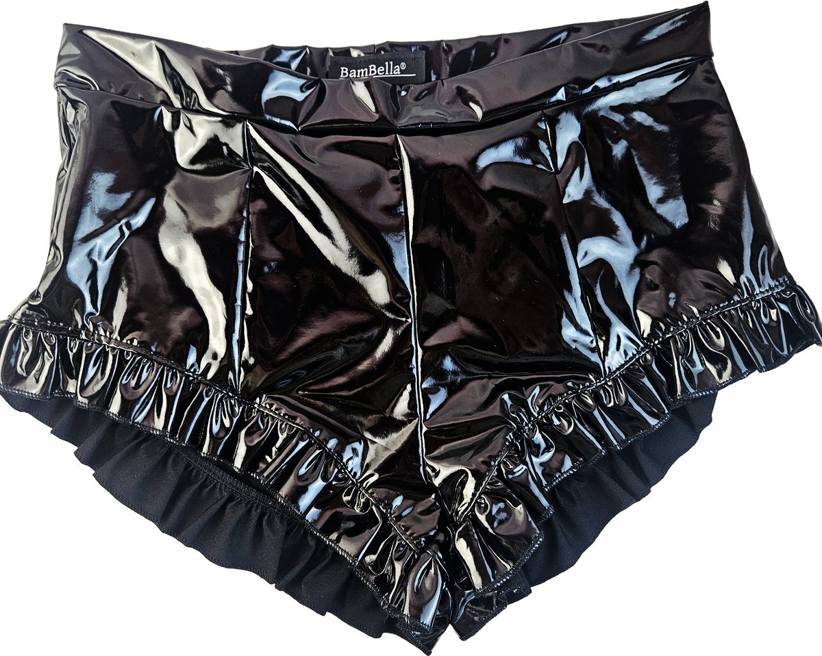 BamBella® Shorts -  Wetlook korte broek Dames - Zwart Datex mix latex en stof met franje