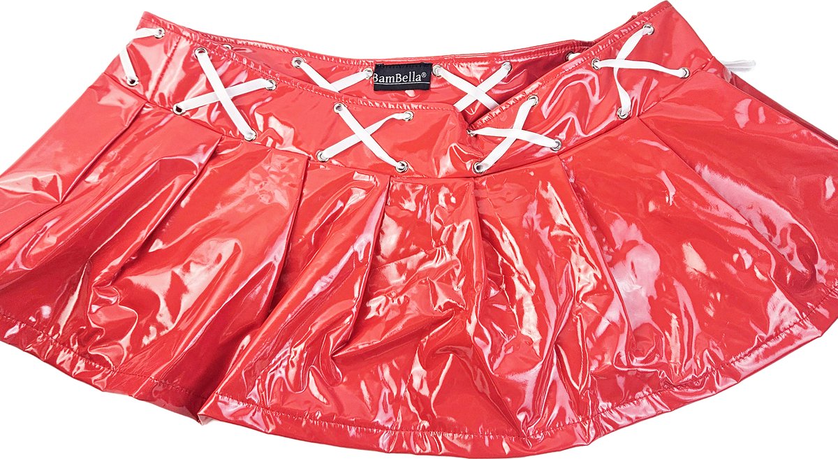 BamBella® - Datex mini Rok - Maat XL - Rood  met lint Rollenspel sm dames sexy Glans kleding mix van Latex en stof