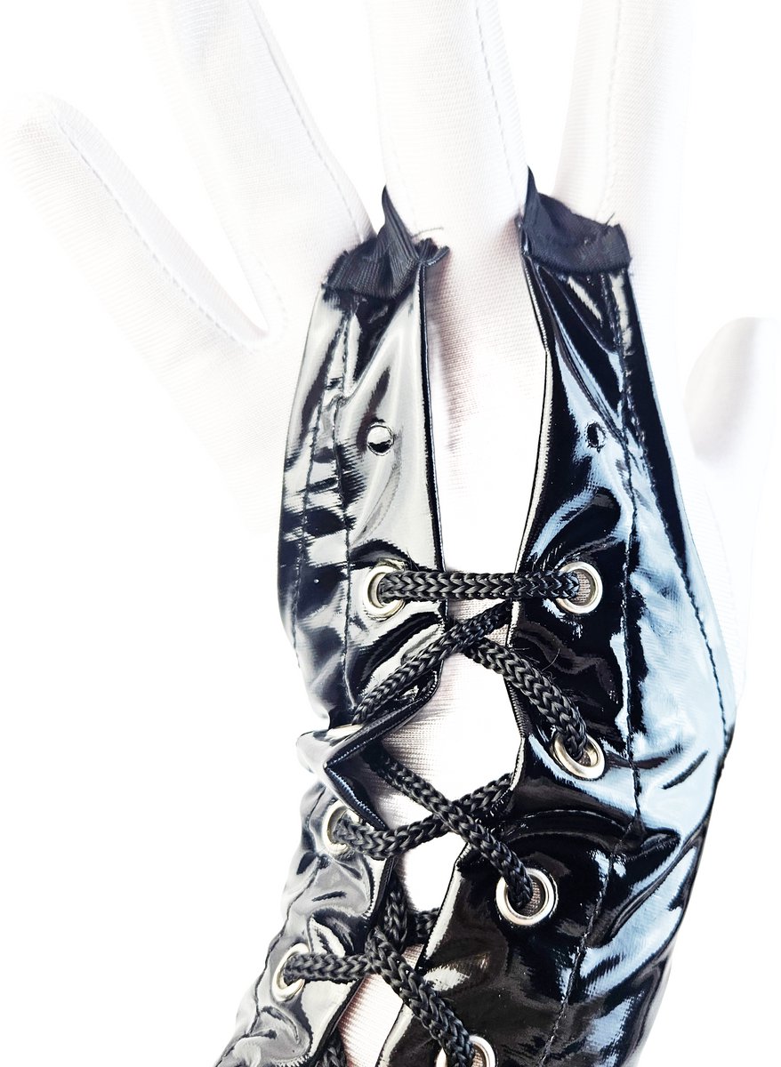 BamBella ® Handschoenen - Maat onesize - Datex (Mix latex en stof ) Sexy Zwart Glans lak vetersluiting