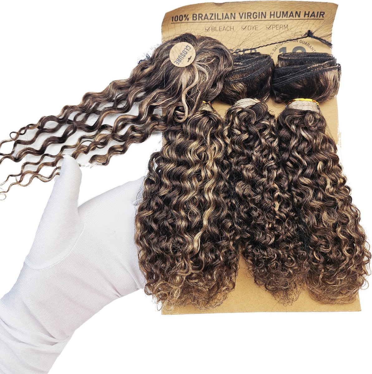 Weave haar set bundles - Menselijk haar - Volledig met lace frontal nep haar - bundels 10 inch kinky curly bruin
