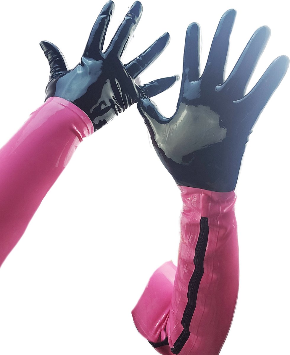 BNDGx® - 100% LATEX Handschoenen Lang Zwart roze BDSM SM sexy glans handschoen met rits BDSM Rubber Fetish SM rollenspel kleding