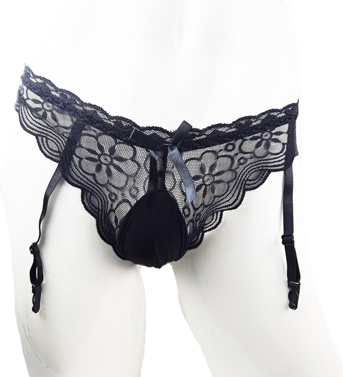 BamBella ® - Sexy String met jarretel clips - One size - Sexy Zwart Erotische onderbroek Heren