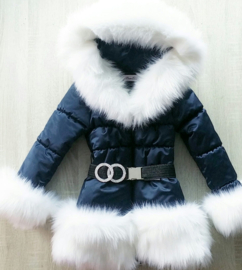 Kinderjas Blauw jas  Bontjas met grote bontkraag Winterjas BamBella