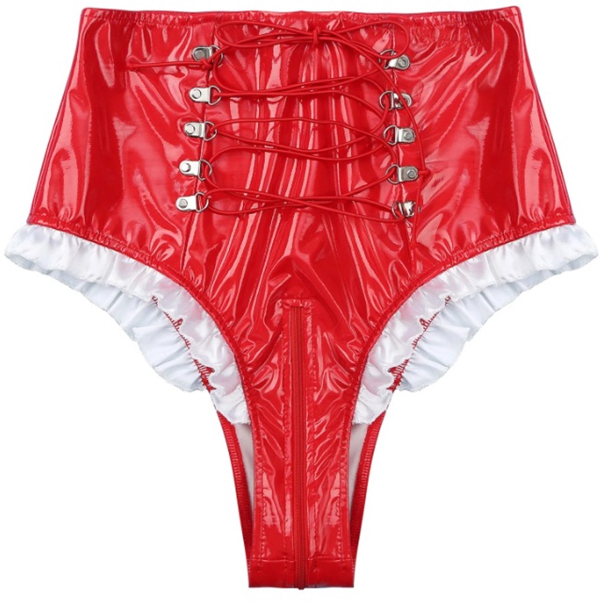 BamBella® Slip Onderbroek - M  Erotische Sexy BDSM Lingerie Dames - Rood rits ondergoed Datex mix latex en stof wetlook open kruis