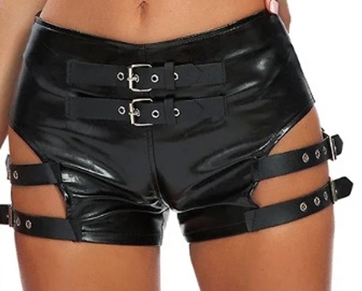 BamBella® Nep leer Shorts   Wetlook korte broek Dames - Zwart met Riemen